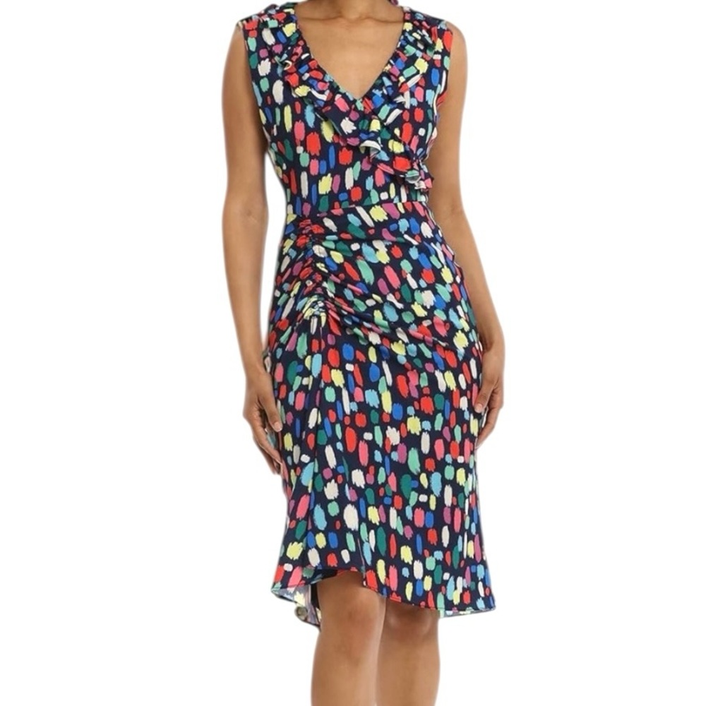 Maggy London Colorful Print Midi Dress Sz 6 Ruched Ruffle V Neck Artsy Cocktail